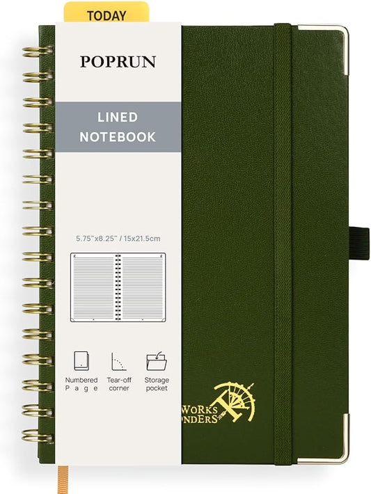 POPRUN Lined Spiral Journal Notebook, [A5-5.75'' x 8.25''] - 120 GSM Thick Paper, 144 Numbered Pages, College Ruled Notebook for Men & Women with Pocket, Index Tabs, 8 Perforated Sheets, Olive