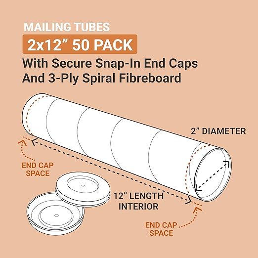 AVIDITI Cardboard Tubes with Caps, 12"L x 2"W x 2"H, Pack of 50 | Poster Tube for Mailing and Storage of Blueprints, Artwork, Crafts, Long Art Holder, 12 inches