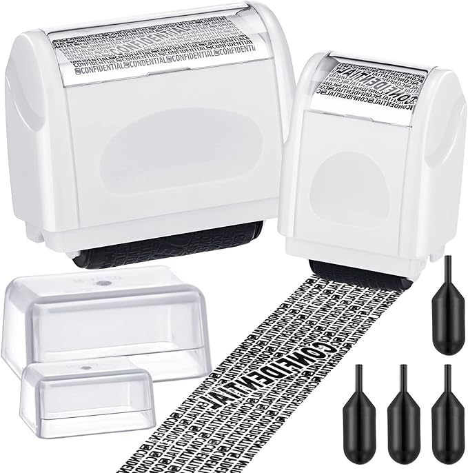 Nezyo 2 Pack Identity Protection Roller Stamp Identity Theft, Confidential, Privacy Roller Stamp Information Blocker and 4 Pack Refill Ink for ID Account Data Address Security(White)