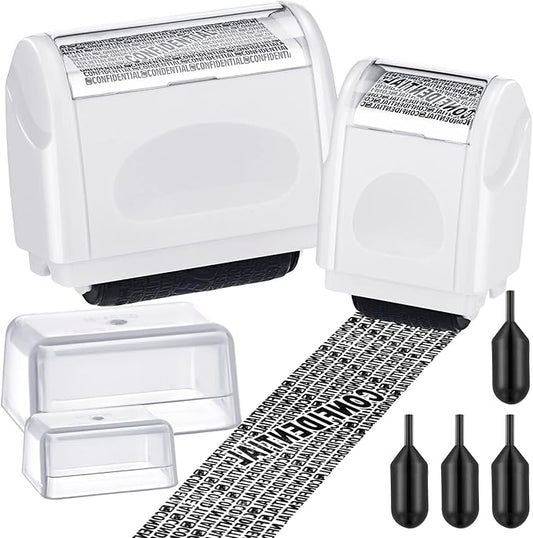 Nezyo 2 Pack Identity Protection Roller Stamp Identity Theft, Confidential, Privacy Roller Stamp Information Blocker and 4 Pack Refill Ink for ID Account Data Address Security(White)