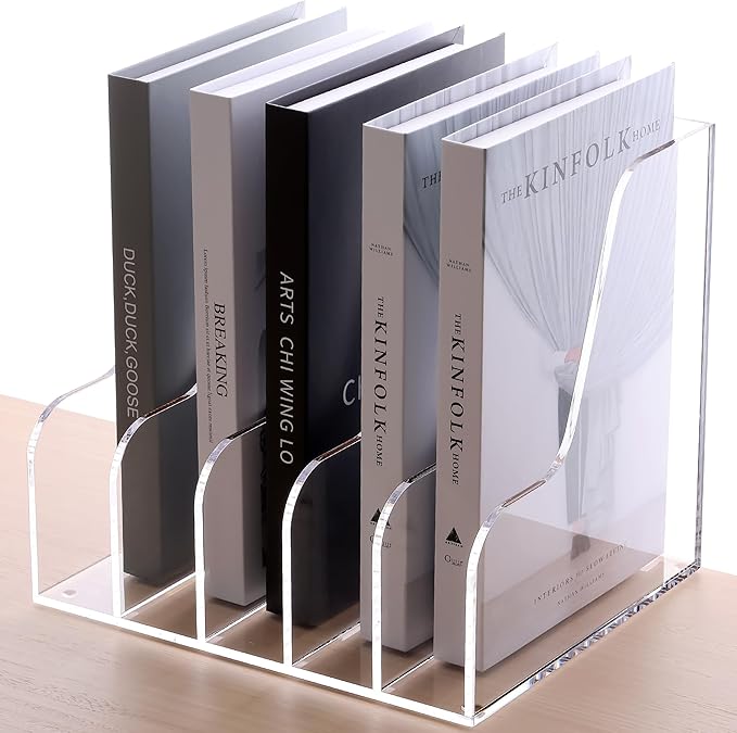 SANRUI Acrylic File Organizer, Compact Desk Organizer for Folders, Binders, Notebooks, Envelopes, Clear Magazine File Holder, 5 Section Bookshelf for School Home Office Organization, A4