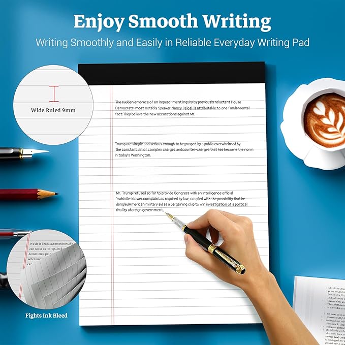 White Legal Note Pads 8.5 x 11, 12 Pack Writing Paper Note Pads 8.5x11, Micro Perforated Wide Ruled Lined Writing Pads 30 Sheets for Home Office School Work, Legal Notepads Double-Side Printed Per Pad