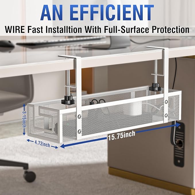 Under Desk Cable Management Tray - GZOKMOG No Drill Cord Organizer with Clamp, Reinforced Metal Mesh Workspace Organizers for Wire, Office Desk Accessories, 2 Pack White, 15.75 inch