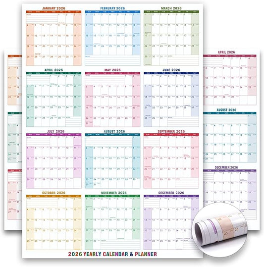 Wall Calendar 2026 Large Wet & Dry Erase with Dry-Erase Markers, Yearly Planner for School Office & Home, Horizontal & Vertical Layouts, Rolled Packaging (Lavender) (Rainbow-24" x 36")