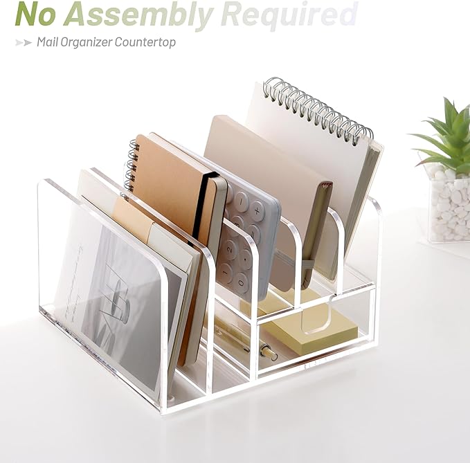 SANRUI Desk Organizers and Accessories, Acrylic Mail Organizer Countertop, 5-Slots File Sorter with Drawer, Desktop Organizer for Office Supplies