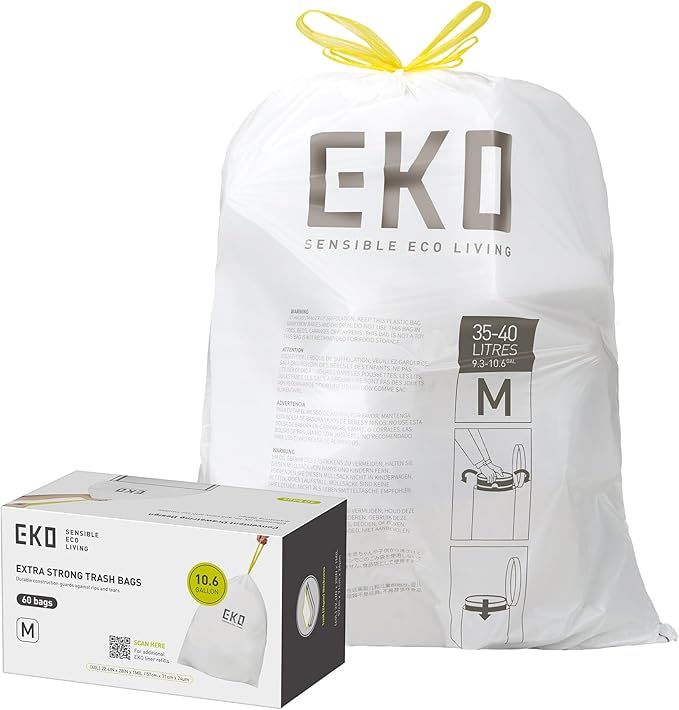 EKO 10.6 Gallon / 35–40 Liter Drawstring Trash Bags, 60 Count Heavy-Duty Tall Kitchen Garbage Can Liners, Extra-Strong Leak-Resistant, Unscented, White, Code M