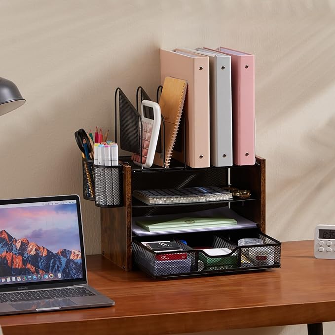 4-Tier Desk Organizer with Drawer, Wooden Mesh File Organizer with 5 Vertical Sorters & 2 Pen Holders, Multi-Functional Desktop Organizer for Home, Office & School