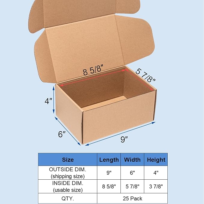 Shipping Boxes 9x6x4 inches 25 Pack Kraft Corrugated Cardboard Box Mailing for Small Business, Brown Medium Literature Mailer Packaging Supplies