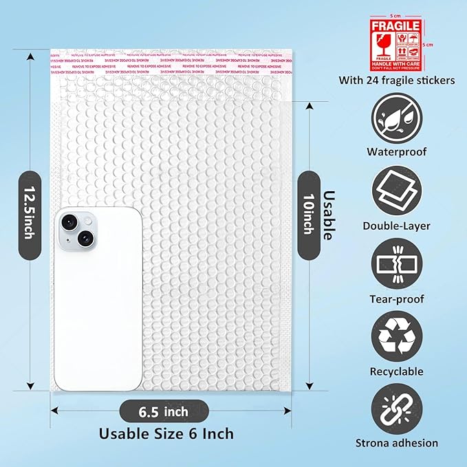 Bubble Mailers 6x12'' 100 Pack and 24PCS Fragile Stickers White Thick Waterproof Padded Poly Envelopes Bubble Wrap Mailers Self Seal Shipping Bags for Mailing Small Business Homes Envelope Mailers #0
