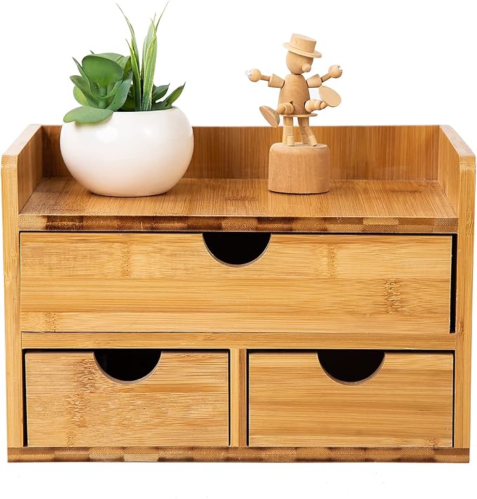 Rustic Distressed white 3-Tier Bamboo Desk Organizer with 3 Drawers Mini Storage Shelf For Desk, Toiletries Vanity Office Supplies (bamboo)