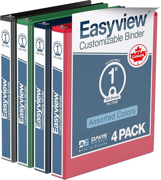 Easyview Premium 3-Ring Binders with Clear-View Covers and Round Rings, Binders for School or Office, 1 Inch, Pack of 4, Classic Colors