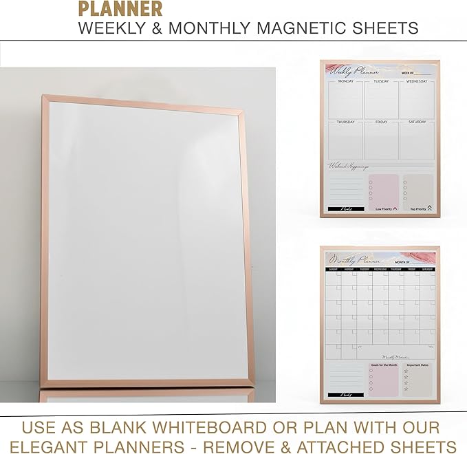 Small Whiteboard 12 x 16 Inch Magnetic Dry Erase Board with Stand & Wall Mount | Rose Gold Aluminum Frame | Planner Board with Weekly & Monthly Sheets | 3 Markers, Eraser & 2 Magnets