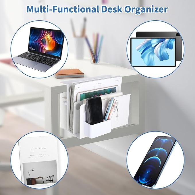 2 Tier Desk Side Storage, Under Desk Laptop Holder with Magnetic Pen Holder, Clamp on Table Organizer, No Drill Hanging Table Organizer for Office and Home Fits Flat Edge 0.3" to 2.3"