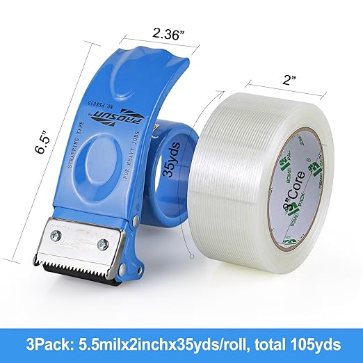 BOMEI PACK Strapping Tape 2Inch with Dispenser, Mono Fiberglass Reinforced Packing Tape with String for Shipping, 3Rolls x 5.5Mil x 35Yds, Total 105Yds