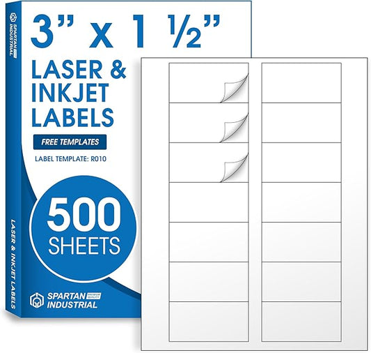 3" X 1.5" Matte White Printable Labels Compatible with Inkjet and Laser Printers - 500 Sheets, 7000 Total Stickers for Bottles, Product Labeling, Mailing - Spartan Industrial Template R010