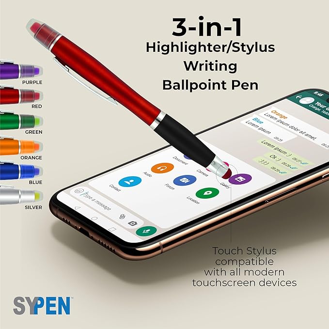 SyPen Personalized Pens with Gel Highlighter and Stylus -200 Pack Bulk-Free Imprint - 3 In Bible Highlighter No Bleed, Ballpoint Pen, and Stylus Combo- add Custom Name, Logo or Gift Message- Purple