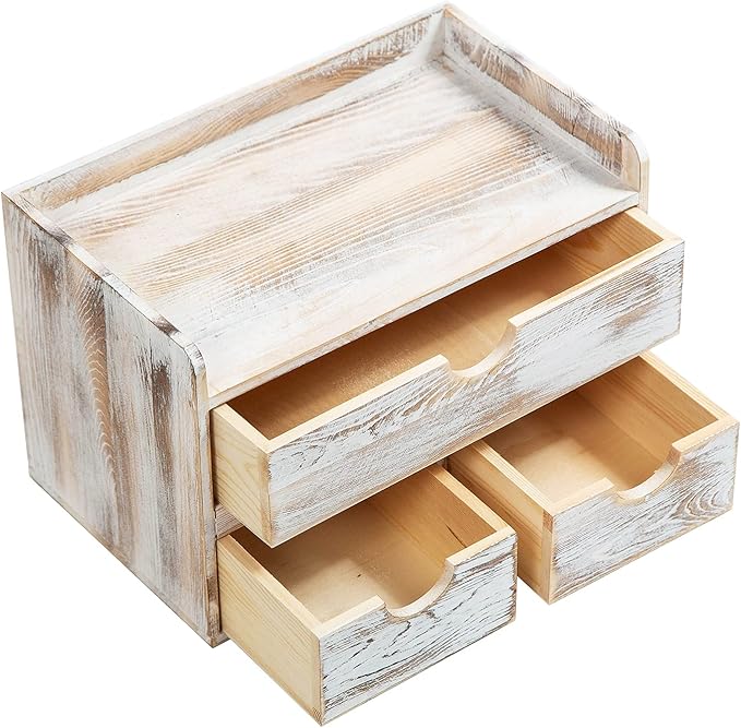 Rustic Distressed white 3-Tier Wood Desk Organizer with 3 Drawers Mini Storage Shelf For Desk, Toiletries Vanity Office Supplies (Vintage white)