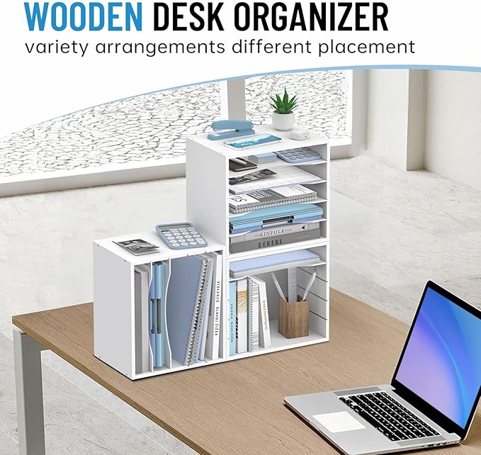 5-Tier Wood Desk Organizer, Paper Tray Organizer for Desk with Adjustable Storage Shelves, Desktop File Organization Paper Sorter Mail Holder for Office Home Classroom, White