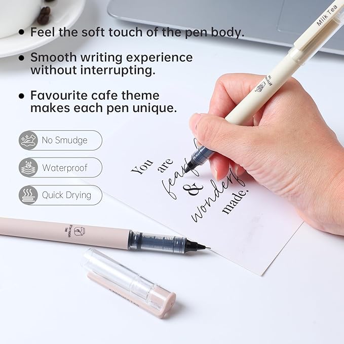 Aesthetic Cute Stick Rollerball Pens, 8pcs Quick Dry Colored Liquid Ink Pens, 0.5mm Fine Point Coffee Gel Pens with Soft Touch Smooth Writing for Journaling Planner School Supplies