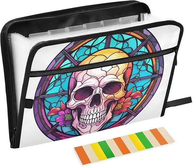 Skull Sunglasses Flowers Expandable Filing Folder, 13 Pockets A4 Letter Size Document Organizer with Sticky Labels for Office, School, Boys, Girls