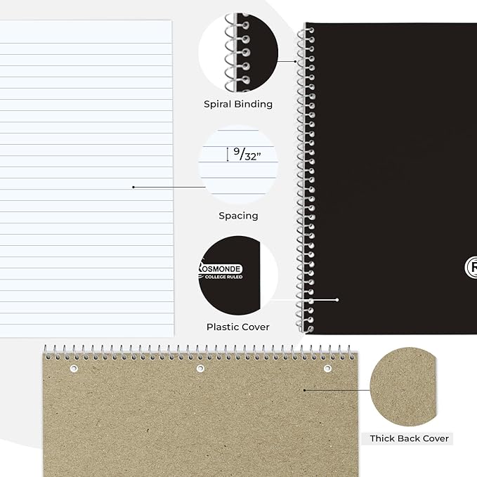 Rosmonde 1 Subject Spiral Notebook, 12 Pack, College Ruled, Water Resistant Cover, Thick 140 Pages/Book (70 Sheets), 8 x 10-1/2, 3 Hole, Bulk School & Office, Black Cover