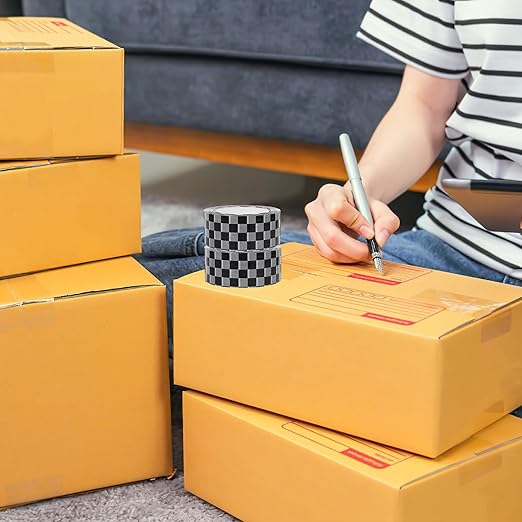 GALPADA Black White Checkered Packing Tape BOPP Strong Adhesive Sealing Tape for Boxes Mailing Packaging DIY Decorative Vintage Style for Shipping and Wrapping