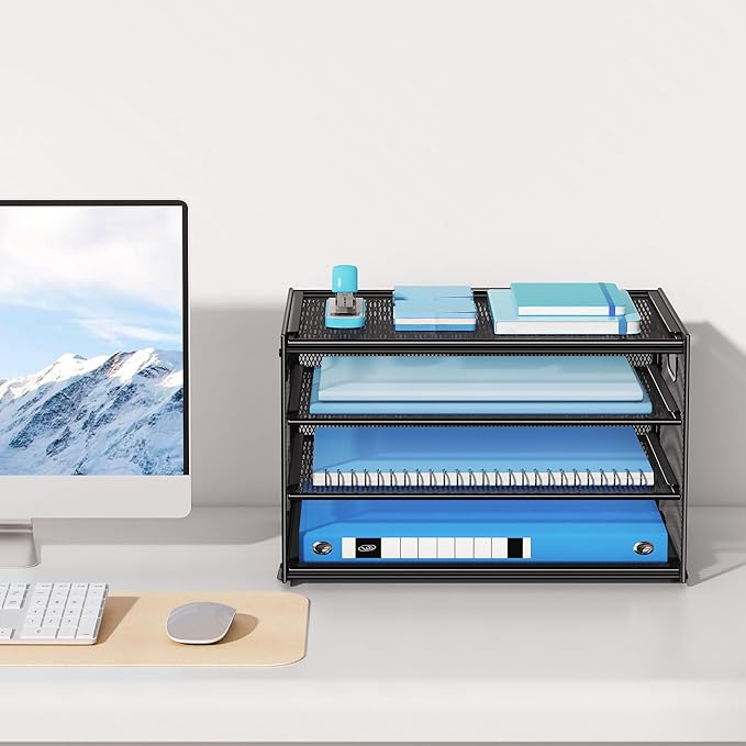 Lavatino 3-Tier Letter Tray Desk Organizer, Mesh Metal Paper File Tray Organizer for Desk, Office Supplies & Home Organization, Fits A4 Paper, Mail, Magazines & Office Accessories (Black with Handle)