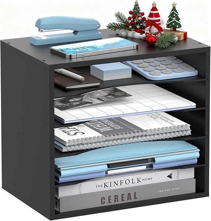 5-Tier Wood Desk Organizer, Paper Tray Organizer for Desk with Adjustable Storage Shelves, Desktop File Organization Paper Sorter Mail Holder for Office Home Classroom, Black