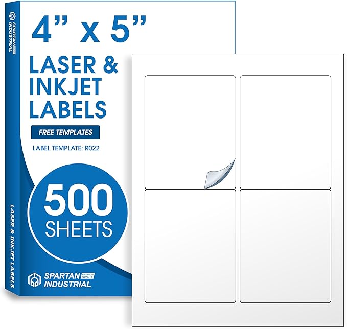 4" X 5" Matte White Printable Labels for Inkjet and Laser Printers - 500 Sheets, 2000 Custom Stickers for Shipping Labels, Address Stickers, Organization - Spartan Industrial Template R022
