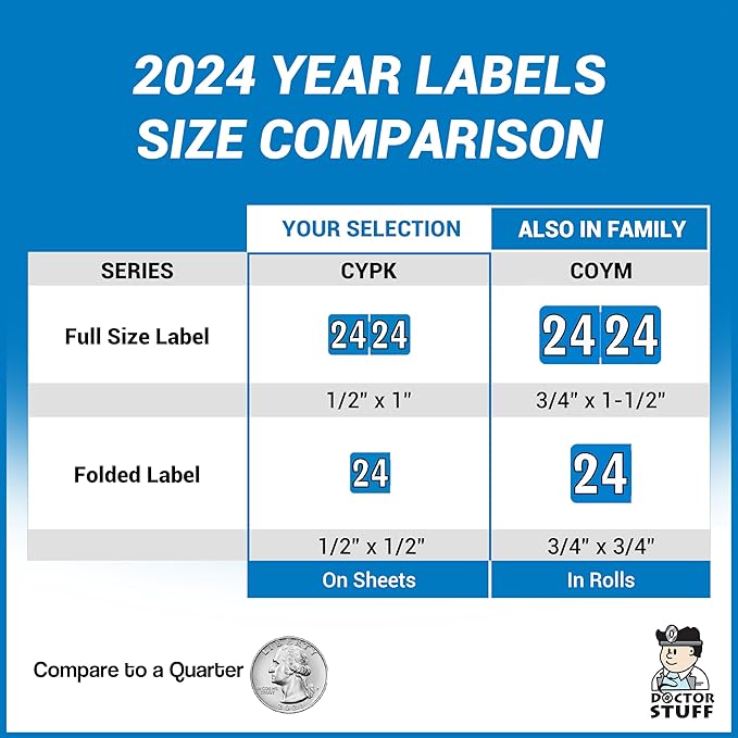 2024 MINI Year Labels, Doctor Stuff 2024 Chart Stickers, Blue Color Coded, Colwell Jewel Tone Style, USA Made Year Stickers for End Tab File Folders, 250/Pack, 1 Package, 1/2" x 1" - Small Labels