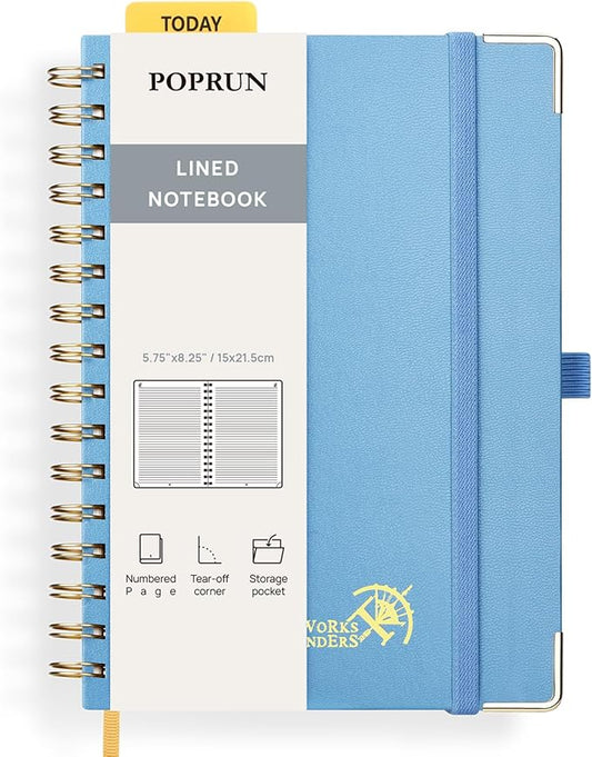 POPRUN Lined Spiral Journal Notebook, [A5-5.75'' x 8.25''] - 120 GSM Thick Paper, 144 Numbered Pages, College Ruled Notebook for Men & Women with Pocket, Index Tabs, 8 Perforated Sheets, Haze Blue