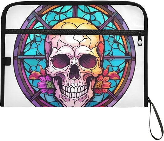 Skull Sunglasses Flowers Expandable Filing Folder, 13 Pockets A4 Letter Size Document Organizer with Sticky Labels for Office, School, Boys, Girls