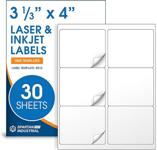 3 1/3" X 4" Matte White Shipping Labels Compatible with Inkjet and Laser Printers - 30 Sheets, 180 Printable Stickers for Mailing, Product IDs, Organization - Spartan Industrial Template Code R015