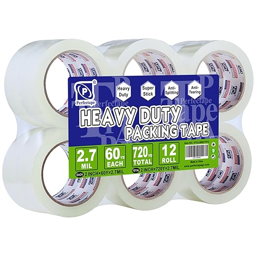Heavy Duty Packing Tape 12 Rolls, Clear, 2.7 mil, Ultra Adhesive, 1.88" x 60 Yards, Refill for Packaging, Moving and Shipping