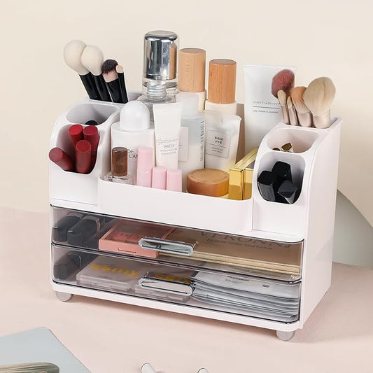 Makeup Organizer, Desk Organizer with 2 Large Drawers, Cosmetics Storage Box for nail polish,Lipstick, Brushes, Jewelry, Skincare, Bathroom Organization Boxes