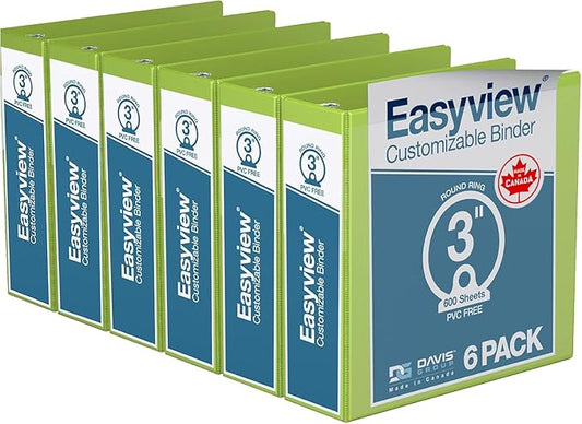 Easyview Premium 3-Ring Binders with Clear-View Covers and Round Rings, Binders for School or Office, 3 Inch, Pack of 6, Lime Green
