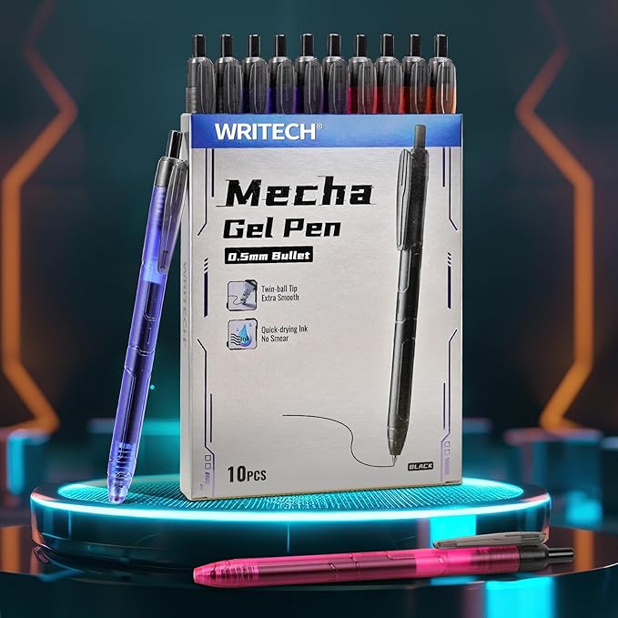 WRITECH Gel Pens Fine Point: 0.5mm Retractable Black Ink Pen 10ct Quick Dry No Smear Smooth Writing Ultra Long-lasting Ink for Journaling Mecha Up-Gel