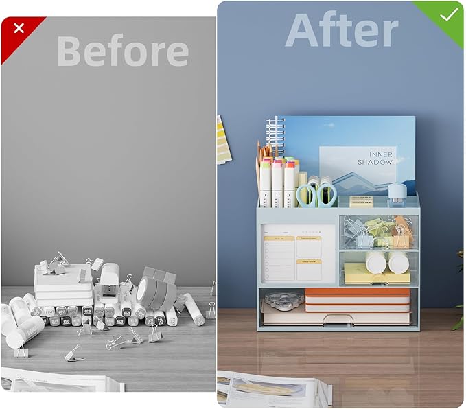 Marbrasse Desk Organizer with 3 Drawer, Multi-Functional Pencil Pen Holder for Desk, Desktop Organizer Storage for Office Home Art Supplies (Blue)