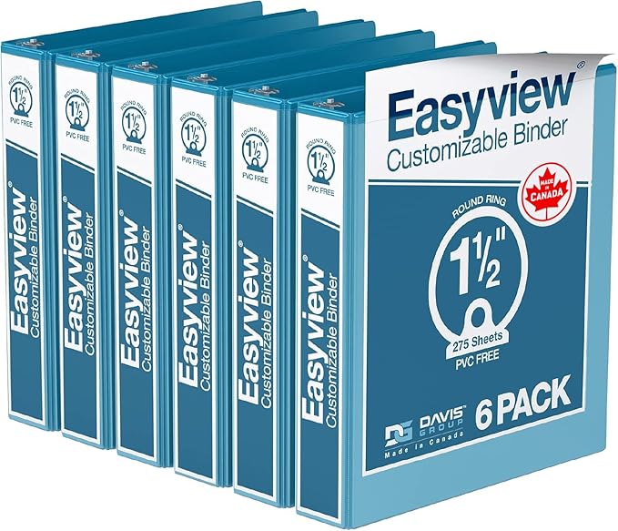 Easyview Premium 3-Ring Binders with Clear-View Covers and Round Rings, Binders for School or Office, 1.5 Inch, Pack of 6, Turquoise