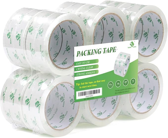 BOMEI PACK 12 Rolls Crystal Clear Packing Tape Refill, Shipping Packaging Tape, 2 Mil 1.88 inch x 60 Yards for Carton Box Sealing