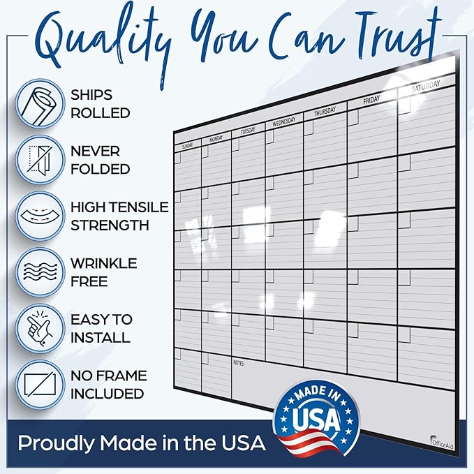 Large Dry Erase Calendar for Wall, 36x48, Large Wall Calendar Dry Erase, Big White Board for Office, Home & School, Giant Erasable Whiteboard, Jumbo Monthly Undated Reusable White Board Planner