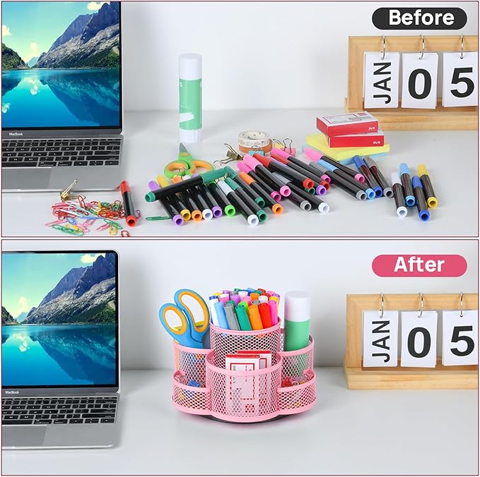 Topwey Pink Pen Holder for Desk, Rotating Pencil Holder, Cup Holder for Desk Office, Pen Organizer