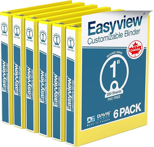 Easyview Premium 3-Ring Binders with Clear-View Covers and Round Rings, Binders for School or Office, 1 Inch, Pack of 6, Yellow