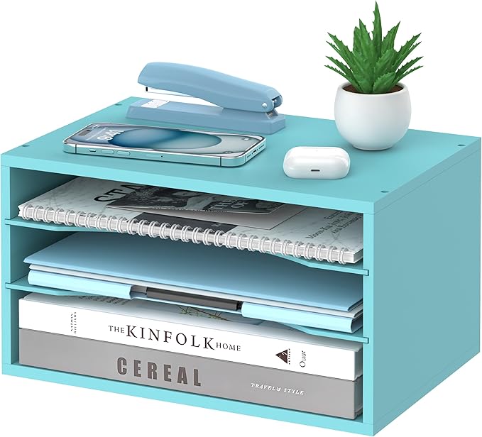 Wood Desk Organizer, 3 Tier Paper Tray Organizer for Desk with Adjustable Storage Shelves, Desktop File Organization Paper Sorter Mail Holder for Office Home Classroom, Blue