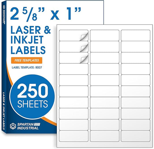 2 5/8" X 1" Matte White Printable Labels for Inkjet and Laser Printers - 250 Sheets, 7500 Total Custom Stickers for Address Labels, Mailing, Barcodes - Spartan Industrial Template R007