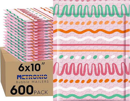 Metronic Bubble Mailers 6x10" 600 Pack Usable Size 6x9,Waterproof Mailing Padded Envelopes for Small Business,Cushioning Bubble Wrap Mailer Bags,Shipping Envelopes for Gift,Small Items Color Ribbon