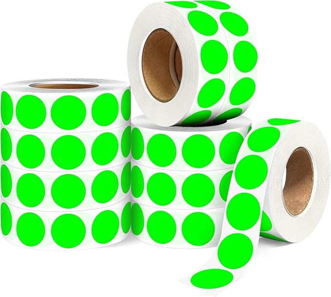 ‎‎WANSTE 10Rolls 10000PCS 0.75 Inch Small Fluorescent Green Sticky Tags, Permanent Sticky Dot Color Code Labels in Dispenser Box,Circle Blank Labels Total for Documents, Inventory,CDs,Garage Sales