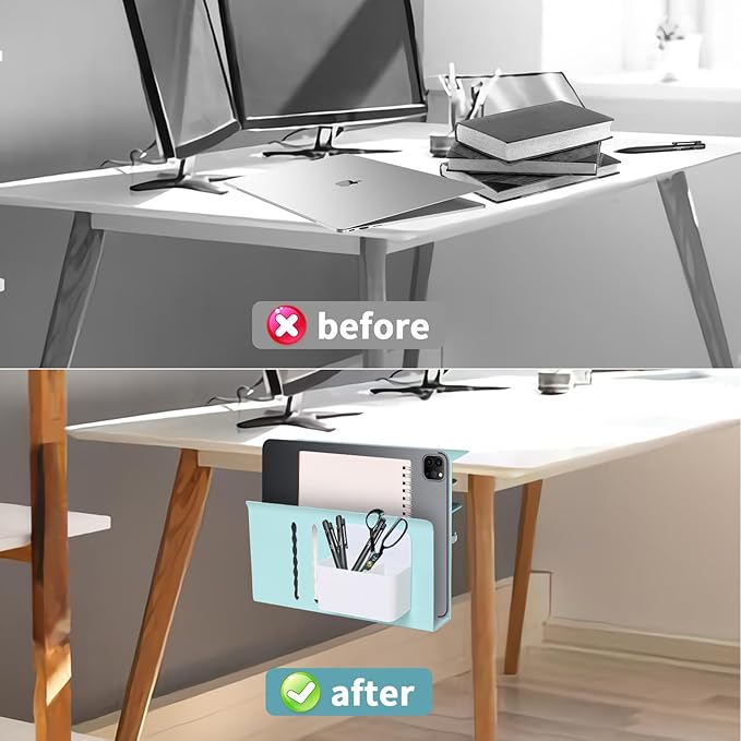 Desk Side Storage Organizer, Under Desk Laptop Holder Clamp on Table Shelf, No Drill Laptop Mount with Magnetic Pen Holder, Hanging Table Organizer for Office and Home