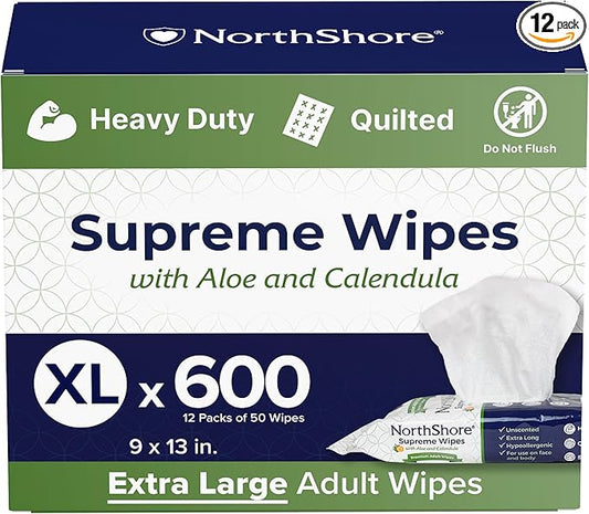 NorthShore Supreme Heavy-Duty Quilted Wipes, X-Large, 9 x 13 in., Case/600 (12/50s)