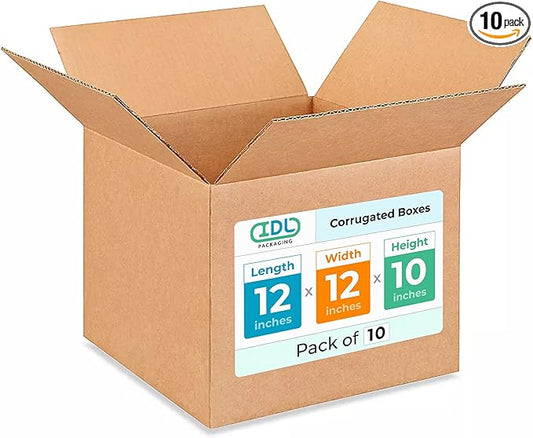 Medium Moving & Shipping Boxes 12x12x10 inches (10-Pack) - Extra Strength 200 lb vs Regular - Corrugated Boxes for Packaging - Corrugated Packaging Box - Medium Cardboard Box by IDL Packaging